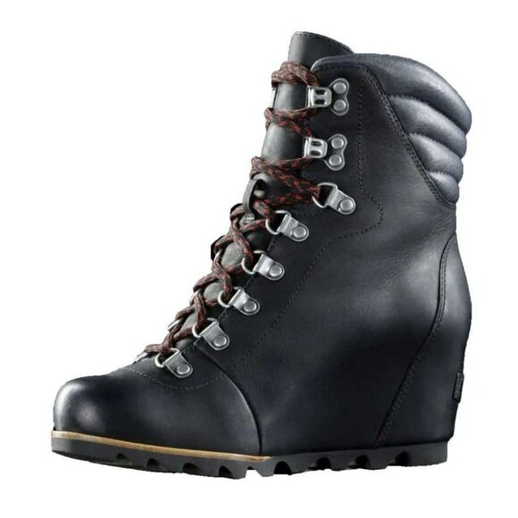SOREL Conquest Womens Size 7 Black Leather Wedge Heel Lace Up Boots EUC￼ - Picture 1 of 7